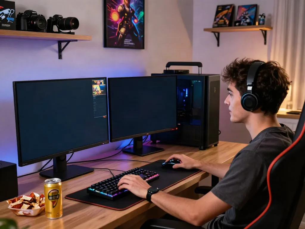 Engaged player using Nbet gaming platform on dual monitors in a vibrant home setup.