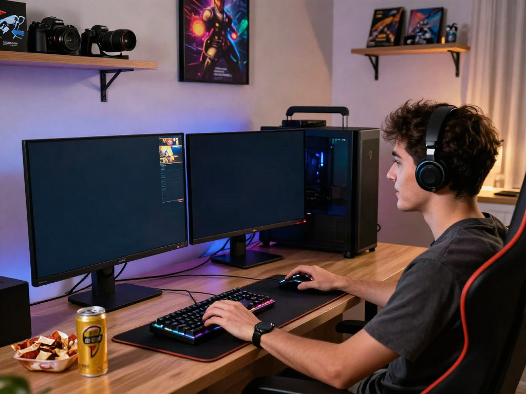 Engaged player using Nbet gaming platform on dual monitors in a vibrant home setup.