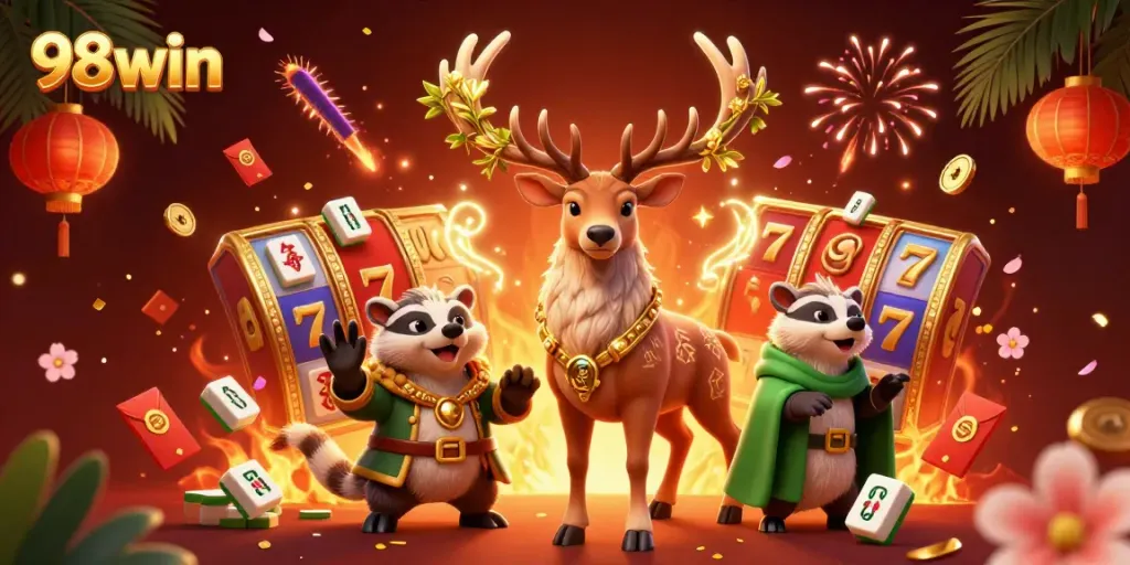 Experience the excitement of 98win with vibrant slot reels and lucky symbols in a captivating casino scene.