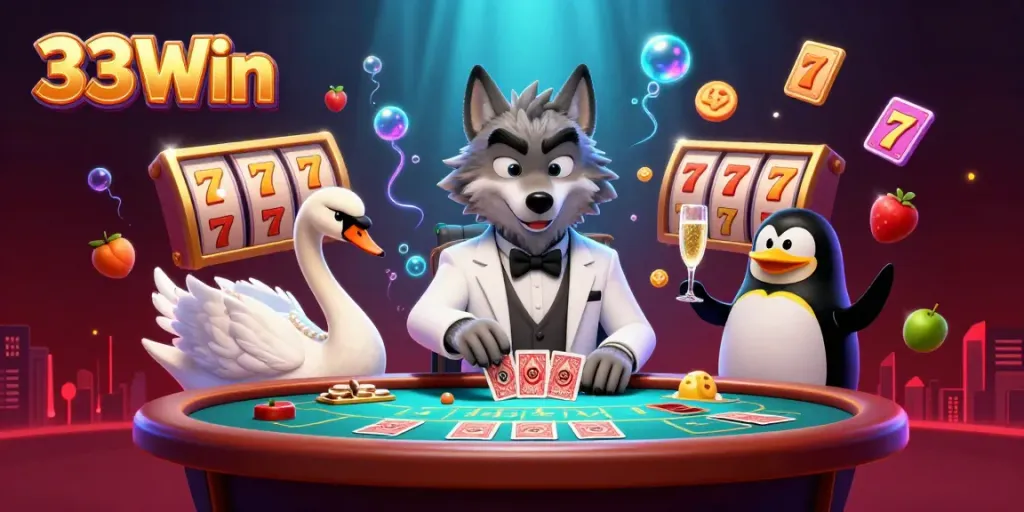 Engaging scene showcasing 33Win with a debonair wolf at a baccarat table, unique casino elements surrounding.