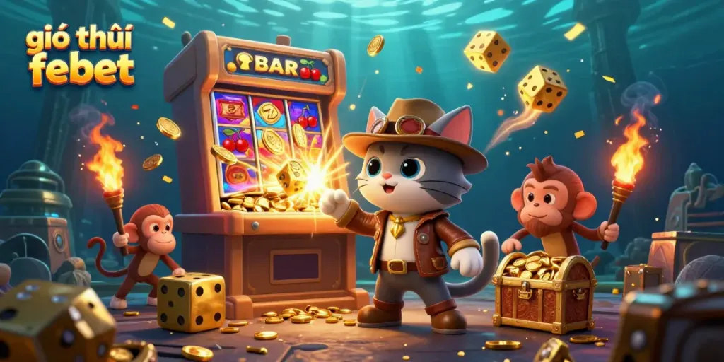 Engaging illustration of giới thiệu febet with a cat explorer and monkey discovering a golden casino artifact amid dynamic symbols.