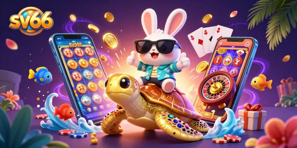Spin the reels at sv66 for exciting wins with a lucky rabbit in a vibrant casino scene.