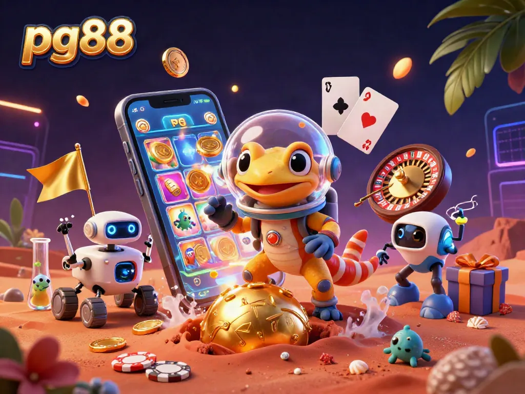 Experience the thrill of pg88 in this vibrant Martian casino scene with colorful slot games and rich casino elements.