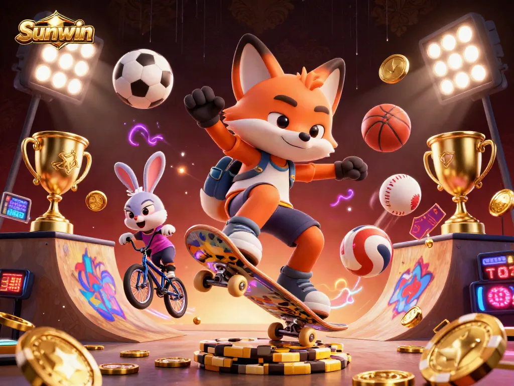 Sunwin engages players with a thrilling 3D illustration showcasing dynamic gaming elements and vibrant characters.
