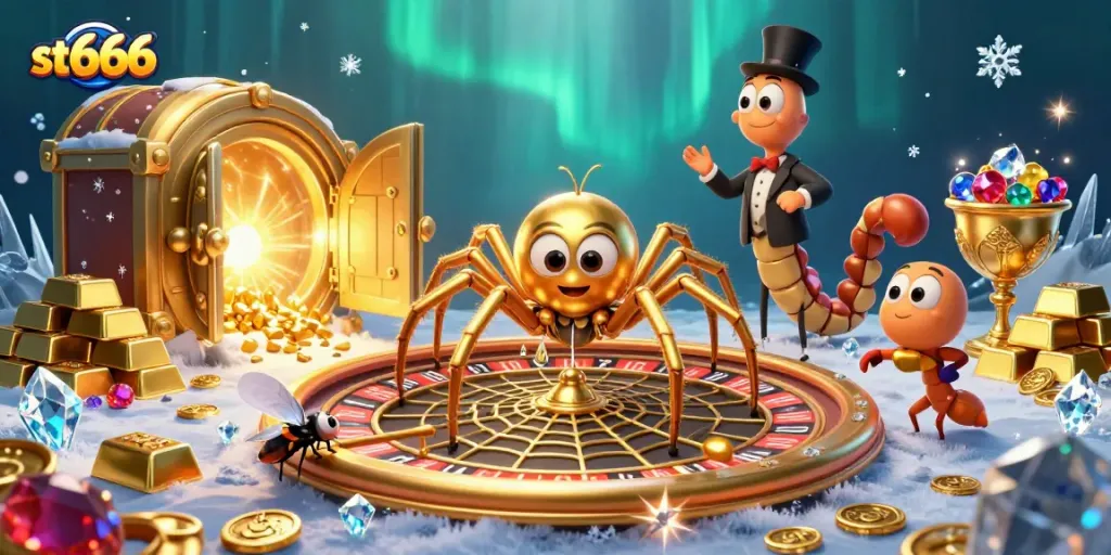 Experience the thrill of st666 with golden spider and roulette elements in a captivating 3D scene.