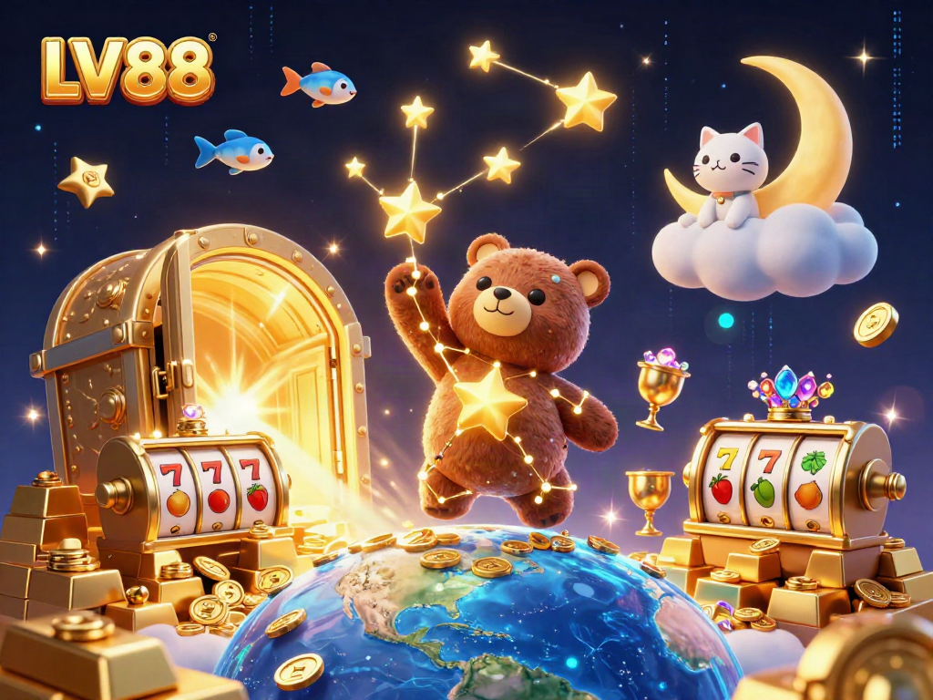 Experience thrilling slots with LV88's cosmic scene featuring a golden constellation bear gathering coins.