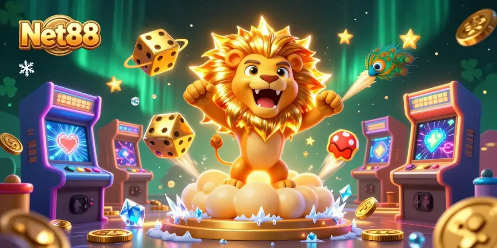 Experience thrilling gameplay with Net88, featuring a roaring lion and vibrant gaming elements.