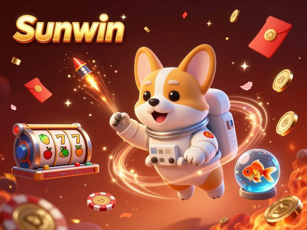 Experience the excitement of Sunwin with a floating casino scene featuring a corgi, hamster, and goldfish amidst poker chips and slot reels.