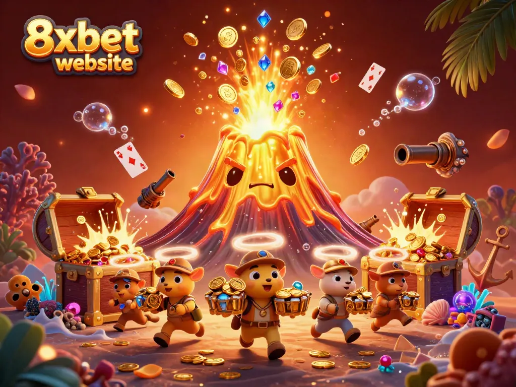 Engage with the exciting 8xbet website visuals showcasing a vibrant casino scene rich in treasures and gaming elements.
