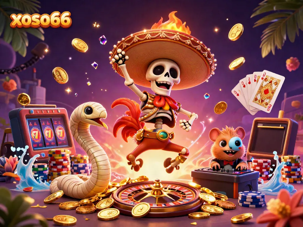 Xoso66 enhances online gaming excitement with a jubilant skeleton mariachi dancing among gold coins and vibrant casino elements.