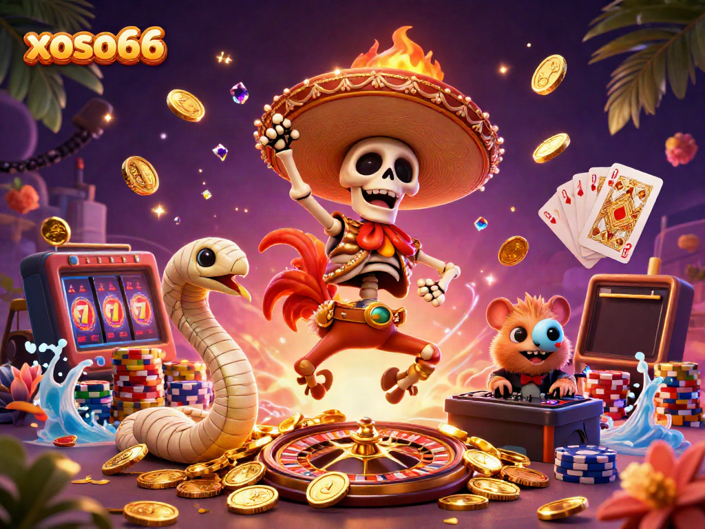 Xoso66 enhances online gaming excitement with a jubilant skeleton mariachi dancing among gold coins and vibrant casino elements.