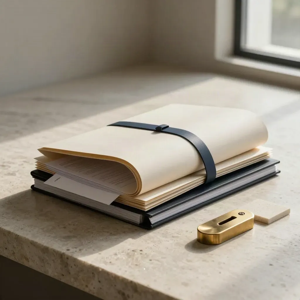 Rolled change roadmap tube with folders and portfolio on pale stone in soft studio light.