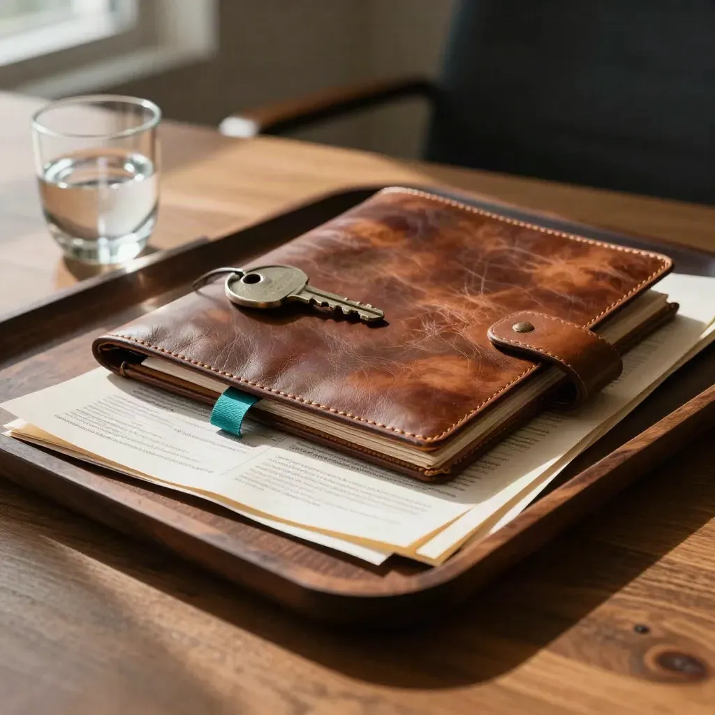 Leather folio, glass paperweight and walnut tray on an oak desk in dramatic side light.