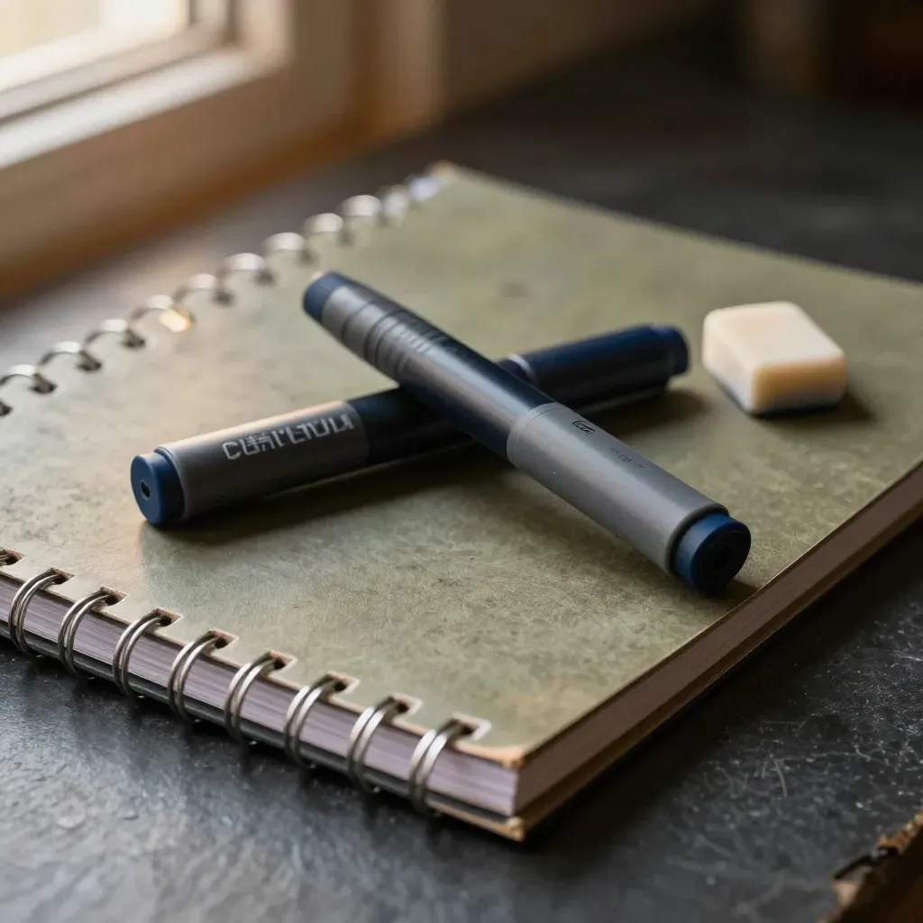 Macro still life of workshop markers, facilitator guide, and eraser on slate.