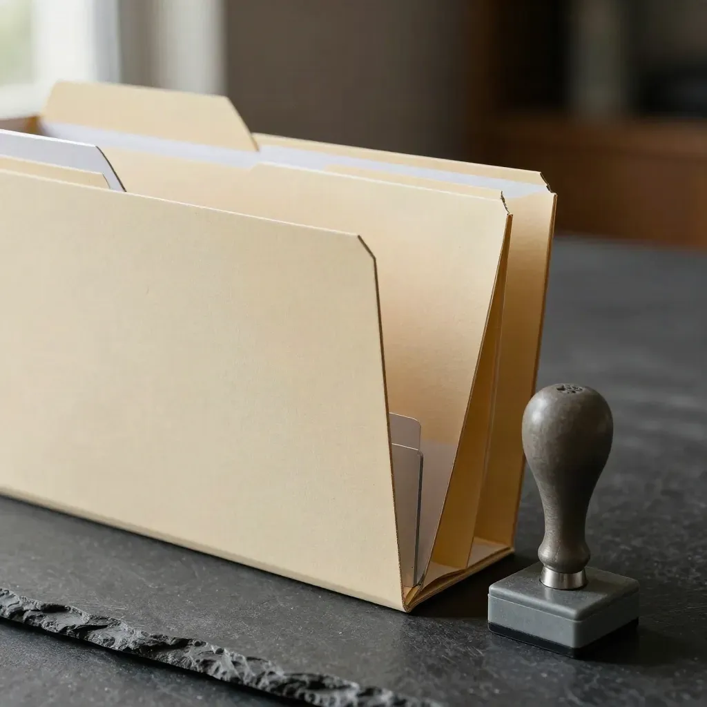 Blank folders, divider bar and handoff stamp on dark stone in dramatic side light.