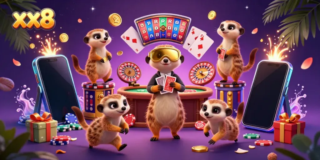 Experience the excitement of xx8 with meerkats handling casino games amidst rich, colorful elements.