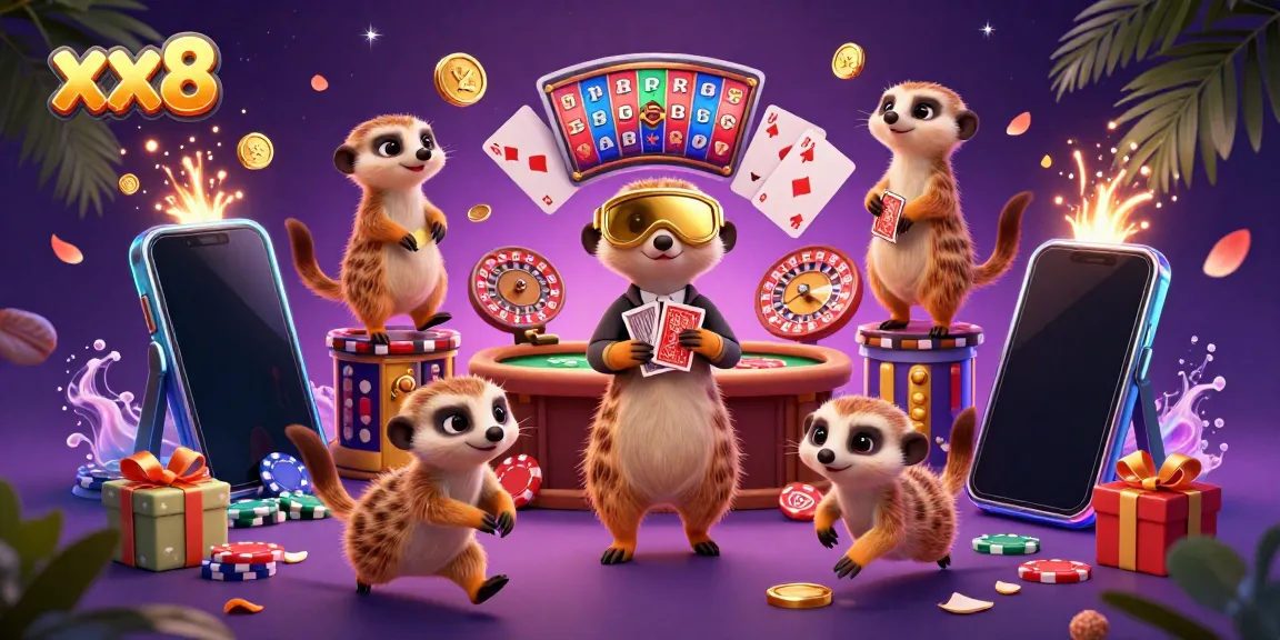 Experience the excitement of xx8 with meerkats handling casino games amidst rich, colorful elements.
