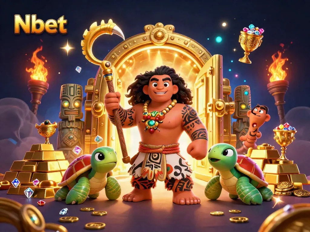 Nbet showcases a 3D Hawaiian demigod hawk alongside treasures and casino elements for thrilling gameplay.