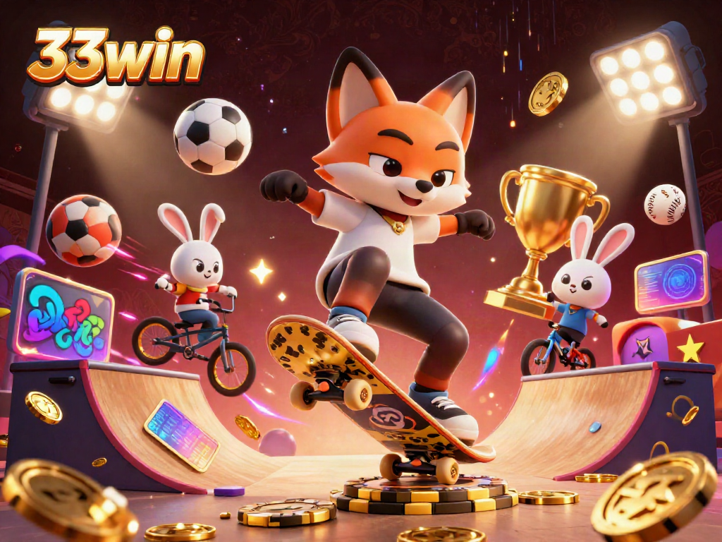 33win showcases an exciting 3D illustration of a fox skateboarder over poker chips, embodying casino energy.