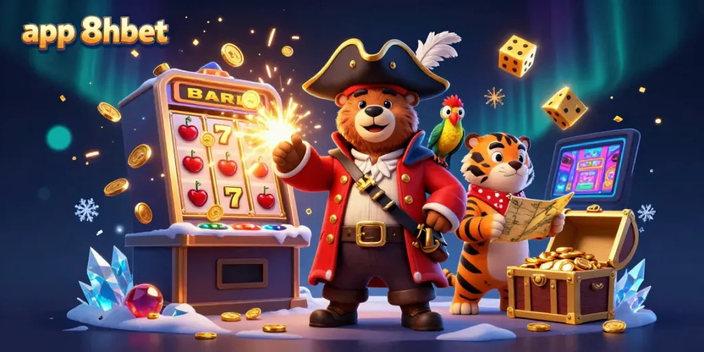 Experience the thrilling app 8xbet with vibrant casino elements and characters in a dynamic scene.