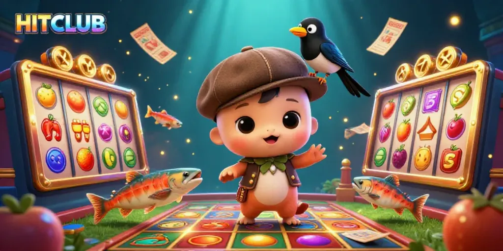 Experience the excitement of HITCLUB, where playful characters interact with vibrant slot machines and casino elements.