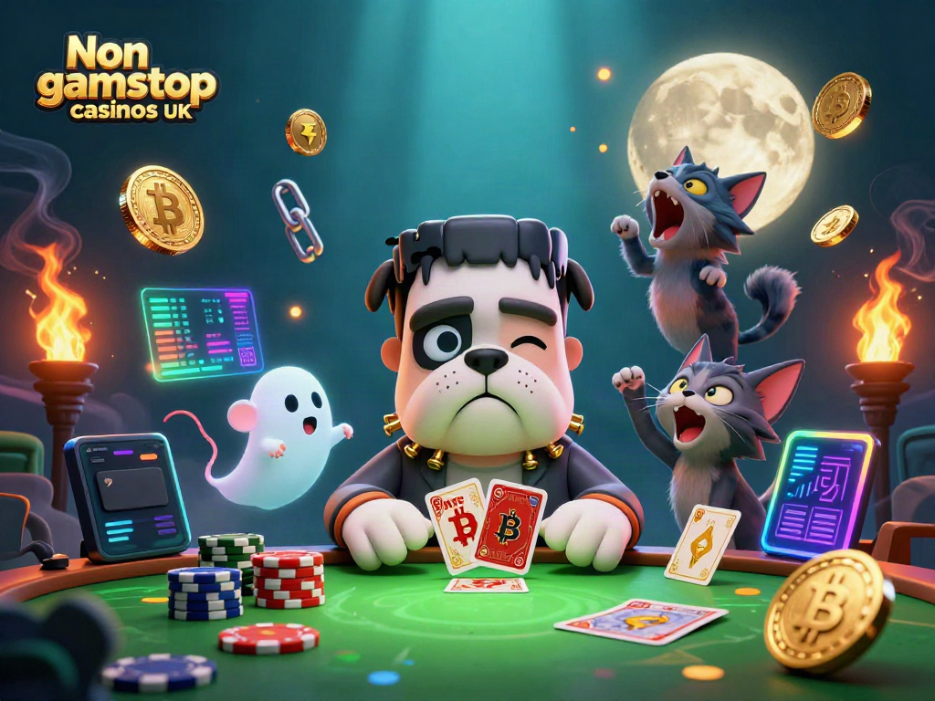 Experience thrilling fun at Non gamstop casinos UK with a spooky 3D scene of colorful characters and crypto elements.