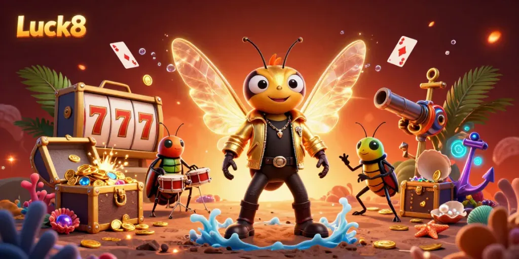 Experience the vibrant world of Luck8 with a dynamic scene featuring animated characters, slot game symbols, and ocean treasures.