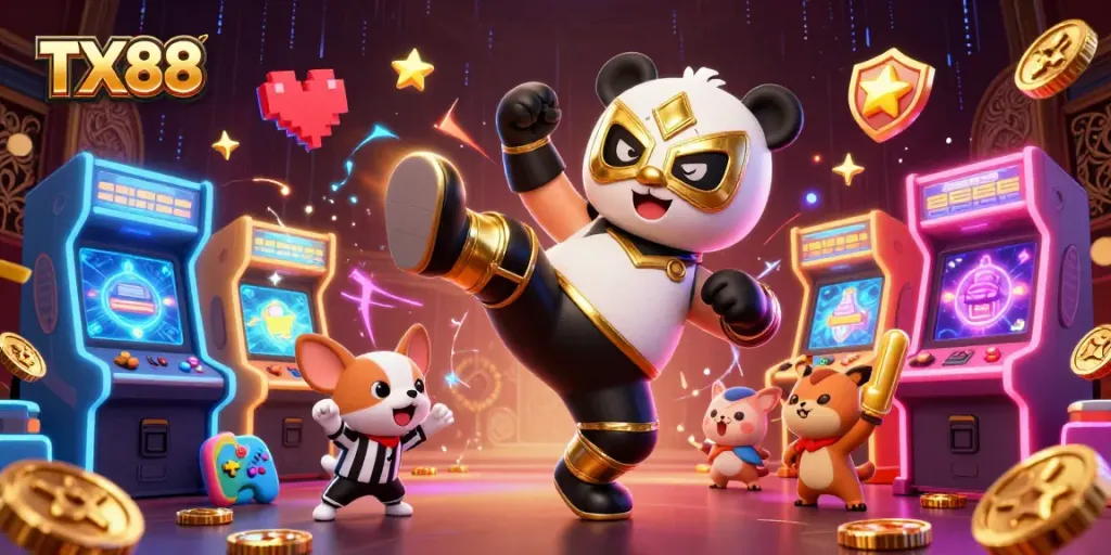 Join the excitement at TX88, featuring a panda wrestler and chihuahua referee in a vibrant casino scene.