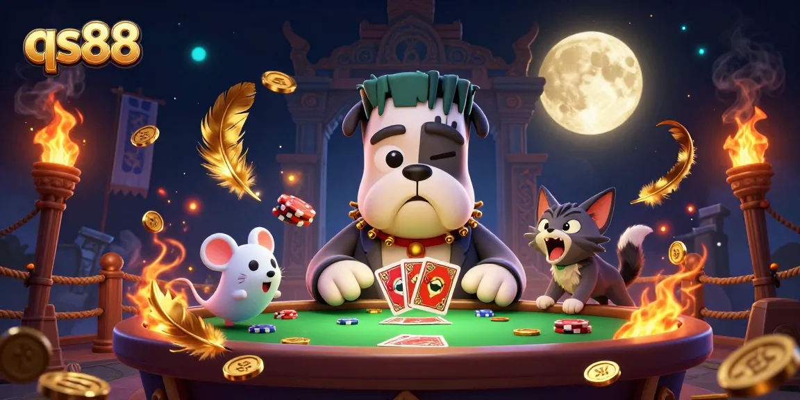 Experience exciting card games at qs88 with a fun 3D cartoon scene featuring unique characters and casino atmosphere.