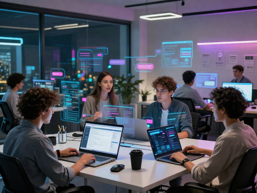 Engaging scene showing diverse individuals using nsfw ai chat technology in a futuristic digital workspace.