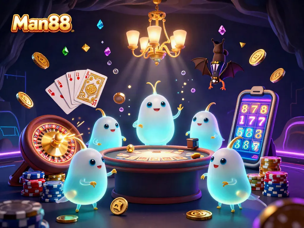 Engage with Man88's vibrant lighting casino scene featuring bioluminescent glowworms overseeing thrilling gameplay.