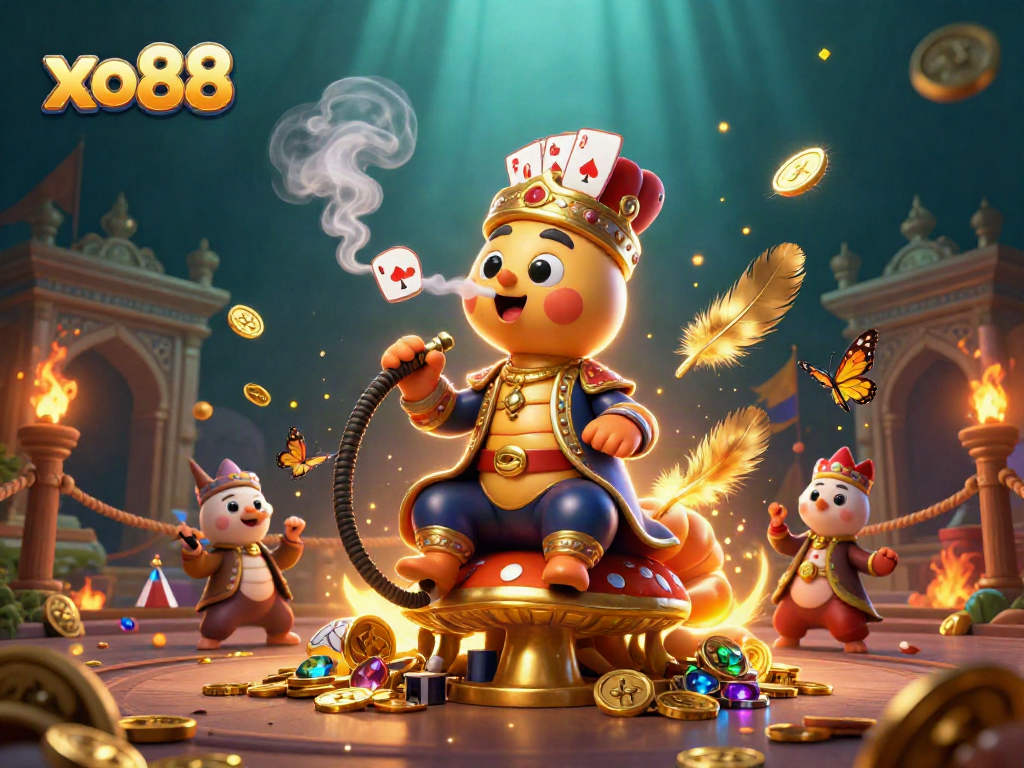 Experience the excitement of xo88 with a captivating 3D scene showcasing an enchanting caterpillar master in a casino environment.
