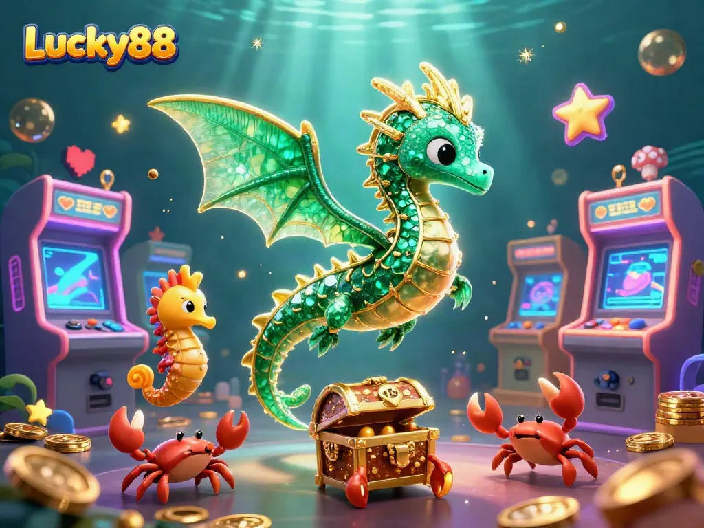 Join the adventure with Lucky88, as the emerald sea dragon and crabs celebrate big wins in this vibrant casino-themed scene.
