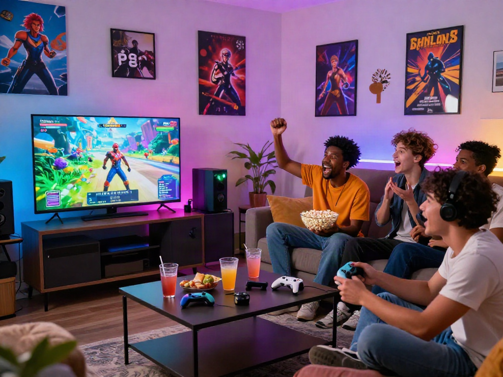 Friends enjoying real porn games together in a vibrant living room, filled with gaming excitement and snacks.