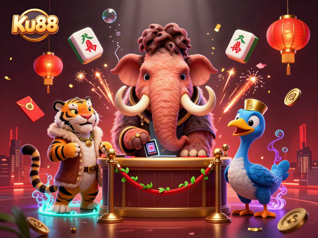 Ku88 offers thrilling gaming experiences with a vibrant casino scene featuring unique characters and rich details.