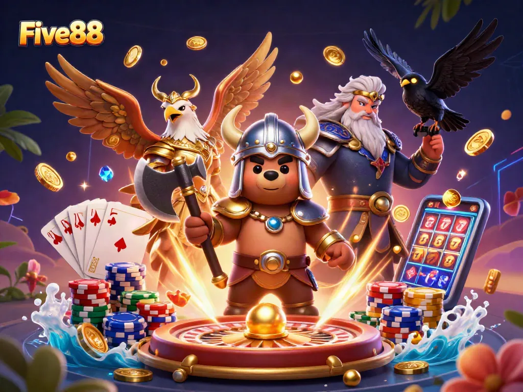 Experience dynamic gaming with Five88 surrounded by vibrant casino elements like coins, playing cards, and a roulette wheel.