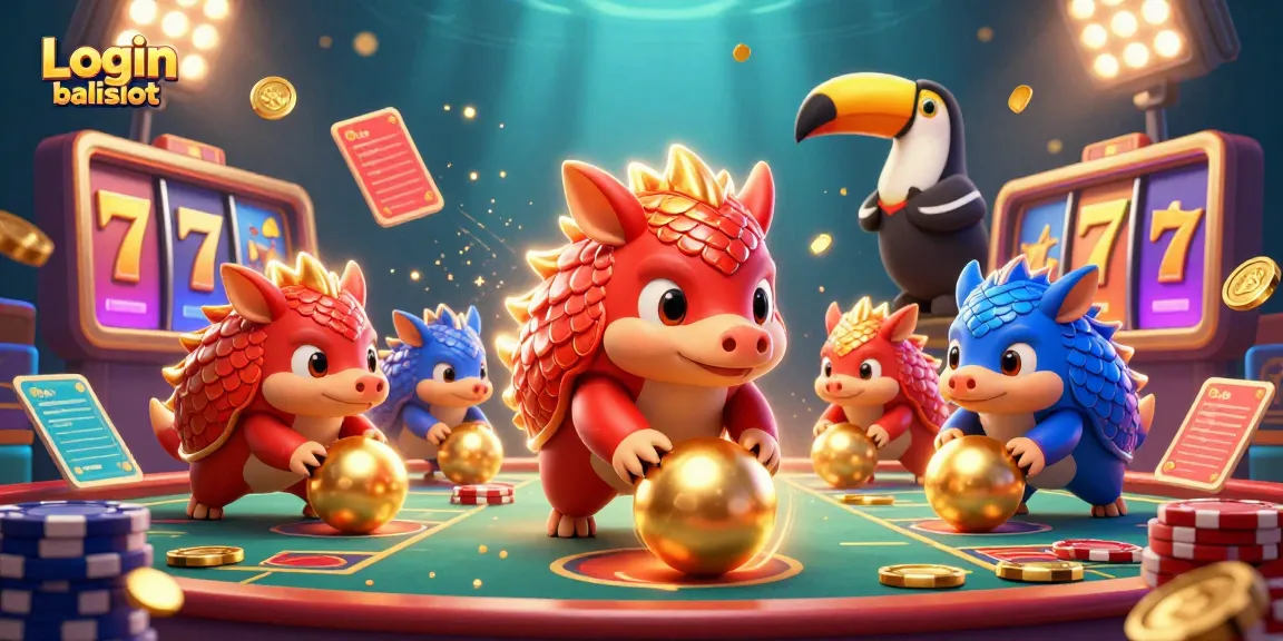 Engage with Login balislot in this vibrant 3D scene featuring rival pangolins bowling through poker chips.
