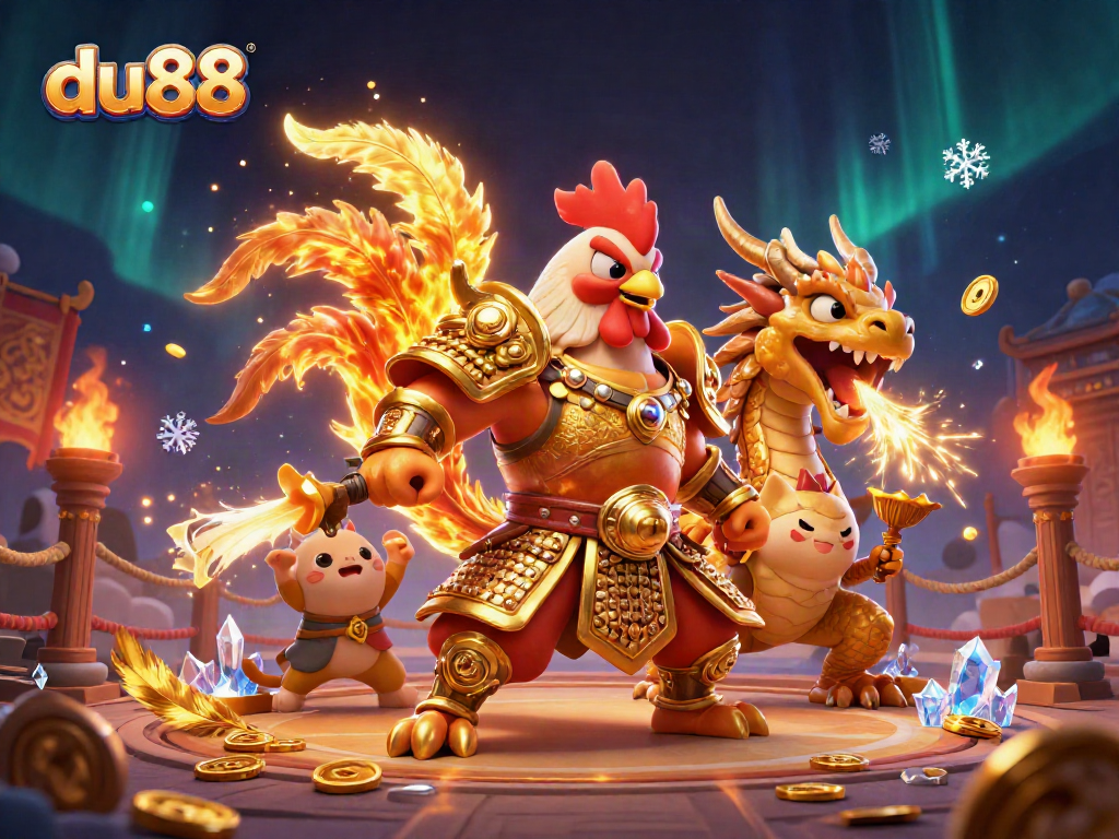 Experience du88 with a dynamic 3D fight scene featuring a rooster, dragon, and fortune cat in a vibrant casino arena.