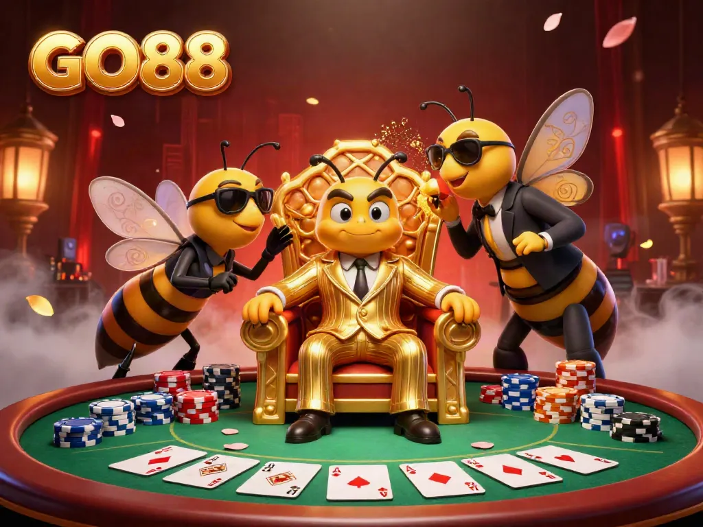 Engage in thrilling poker gameplay at GO88 with an ultra-detailed scene featuring a bumblebee mob boss and dynamic casino elements.