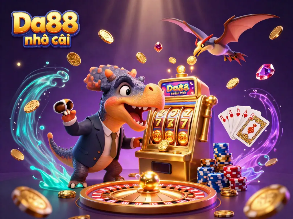 Experience thrilling moments at Da88 nhà cái, where cartoon dinosaurs celebrate jackpot wins and golden coins cascade.
