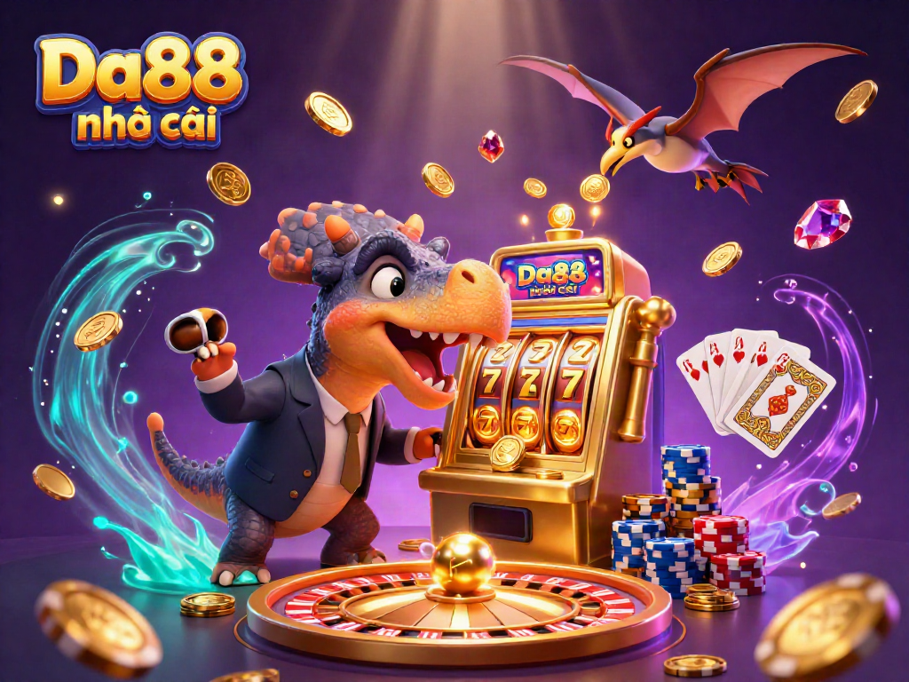 Experience thrilling moments at Da88 nhà cái, where cartoon dinosaurs celebrate jackpot wins and golden coins cascade.