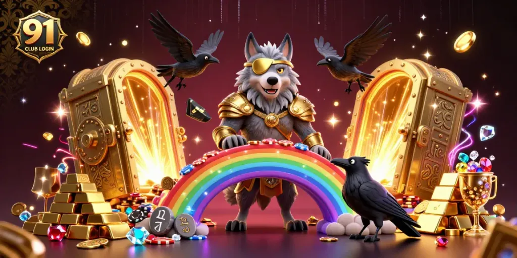 Engage with 91 CLUB LOGIN through an epic scene of Odin and ravens amid casino excitement.