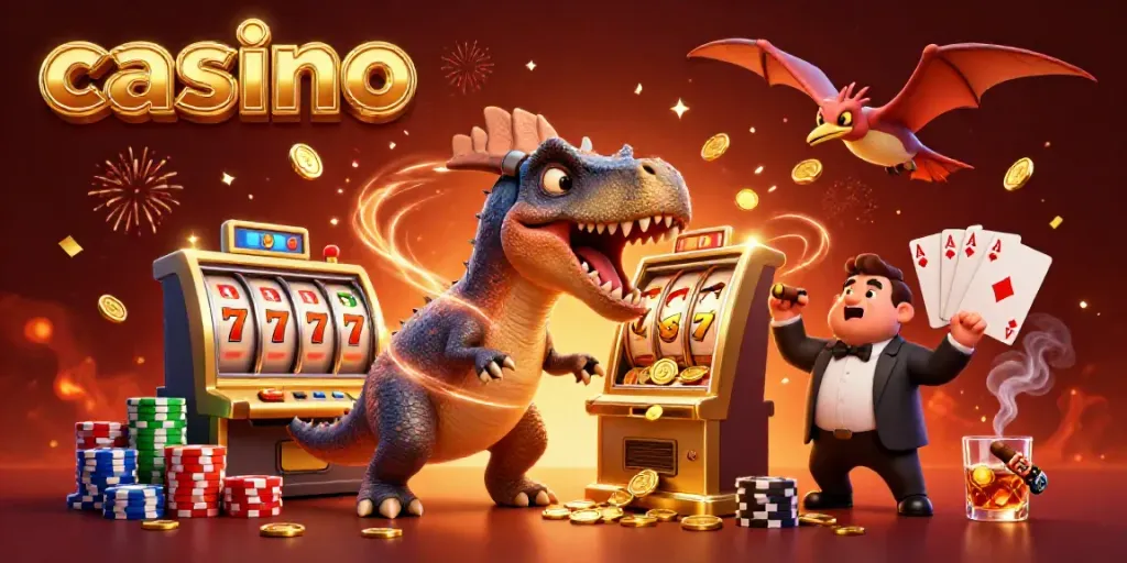 casino scene showcasing a pachycephalosaurus winning jackpots, celebrating coins and casino elements.