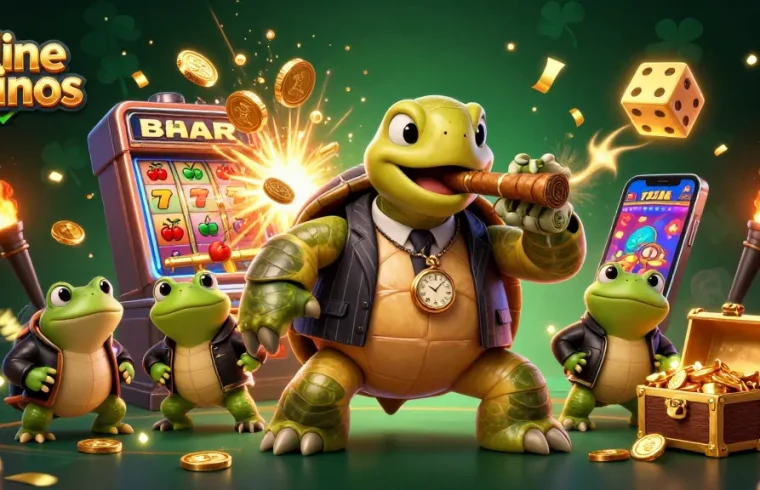 Experience the thrill of online casinos with a stunning 3D scene featuring charismatic characters and jackpot excitement.