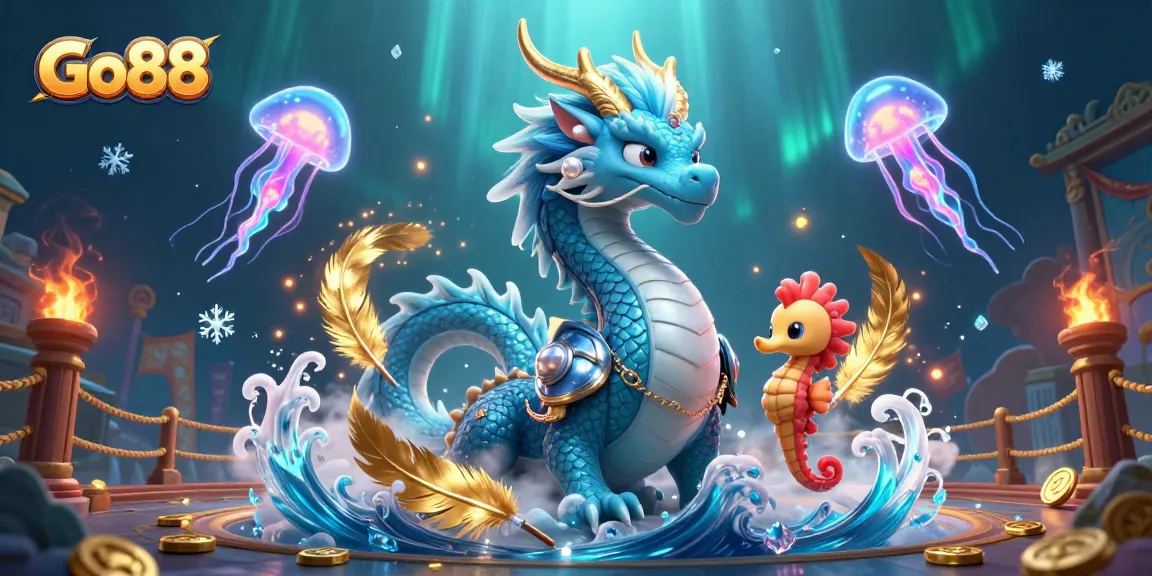 Go88 players engage with the azure water dragon amidst gold coins and vibrant game elements, illustrating the thrill of online gaming.