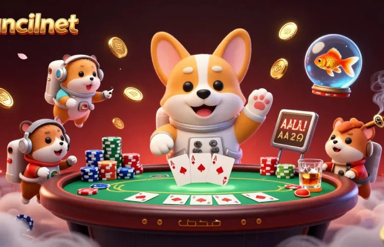 Engage in thrilling gameplay with councilnet while a cartoon astronaut corgi floats in a vibrant casino atmosphere.