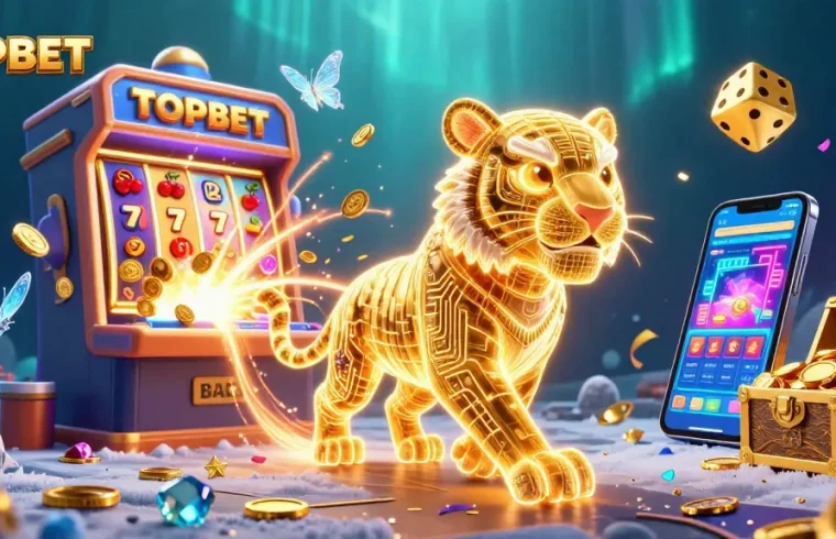 Experience the vibrant energy of TOPBET with a dynamic 3D casino scene featuring a light energy tiger and winning slot moments.