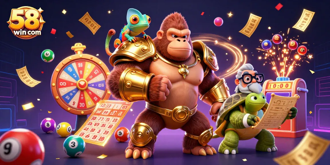 Engage with thrilling games on 58win com featuring fun lottery balls, vibrant prize wheels, and lucky characters.
