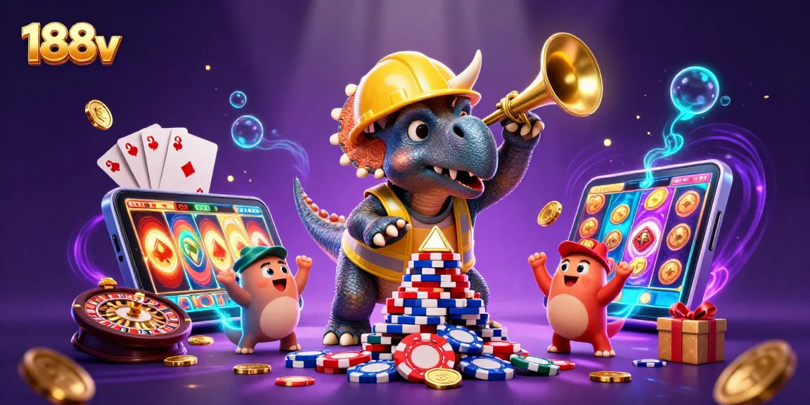 Engage in thrilling gameplay with 188v as a cartoon triceratops builds poker chip pyramid amid magical casino elements.