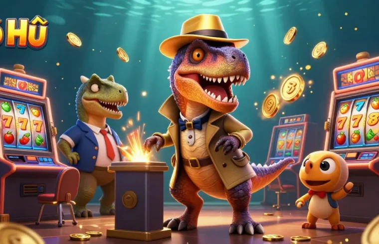 Nổ Hũ players engaging with a jackpot slot machine in an animated 3D casino scene.